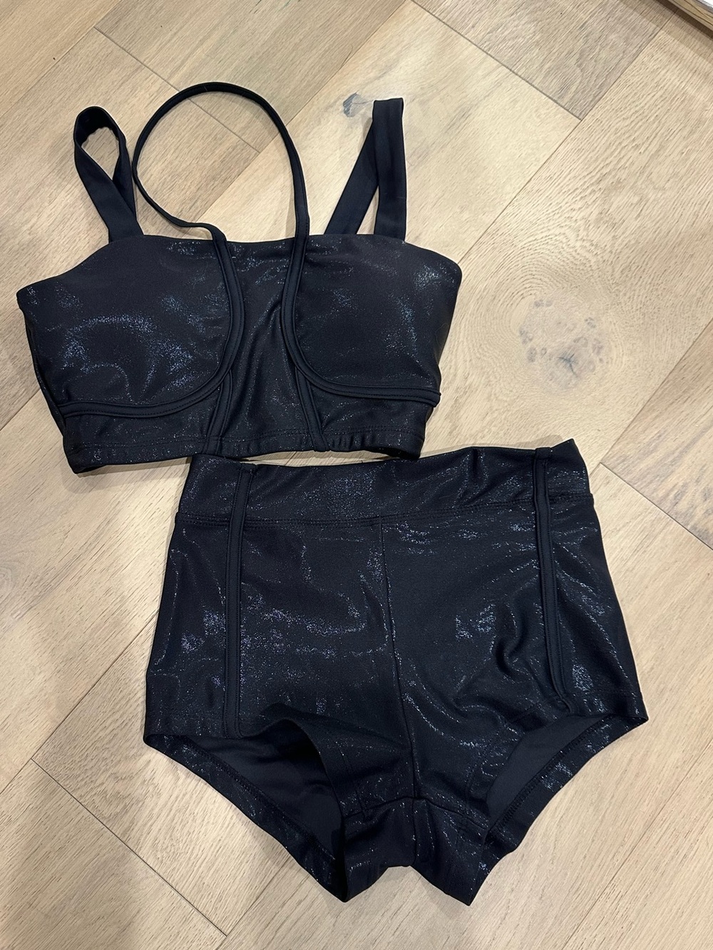 Sparkle Black Supportive Crop Bra with Matching High-Waist Shorts